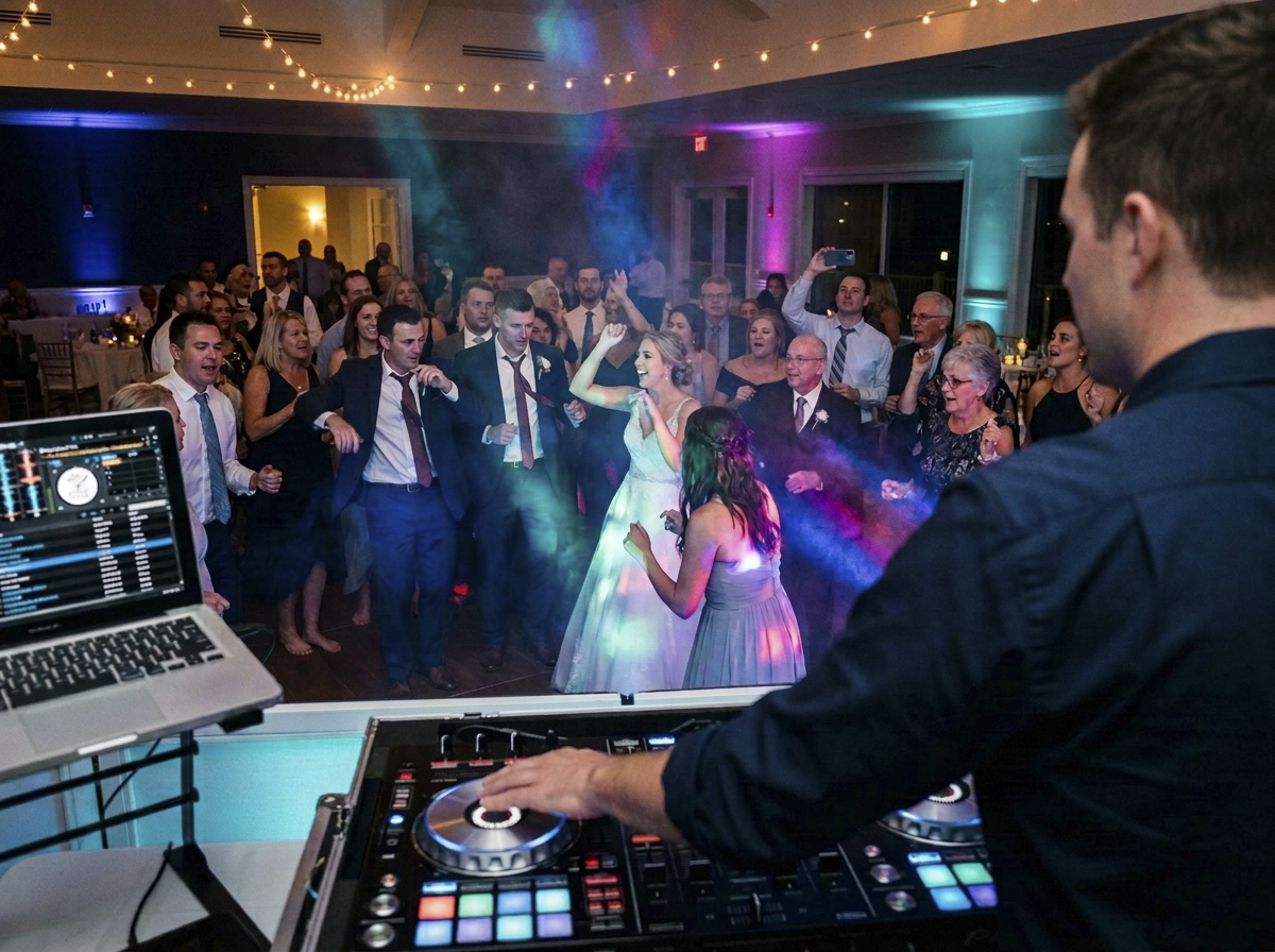 Over-the-shoulder view of a DJ at the controller overlooking a packed wedding dance floor