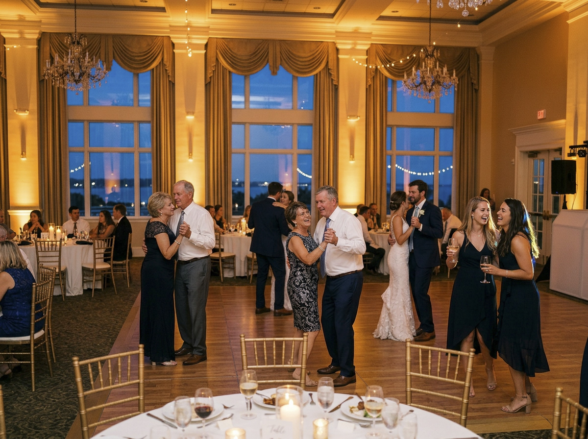 Ballroom washed in amber uplighting