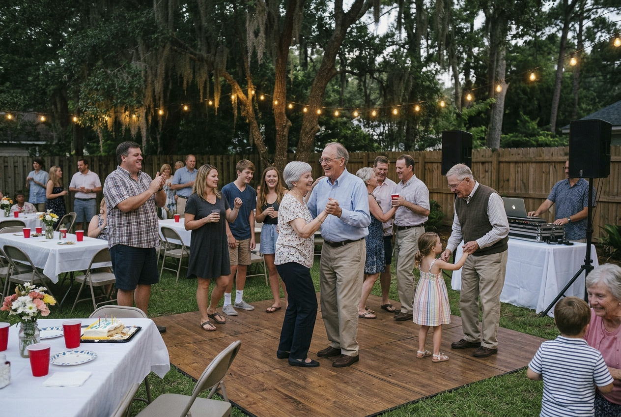 Family and friends dancing at a backyard 50th anniversary party