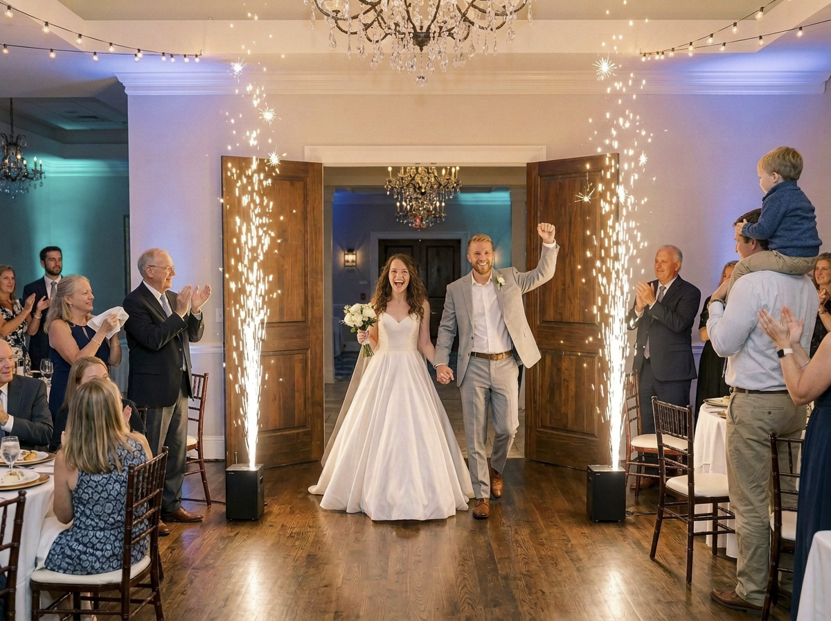 Bride and groom making their grand entrance into the ballroom between cold spark fountains as guests cheer